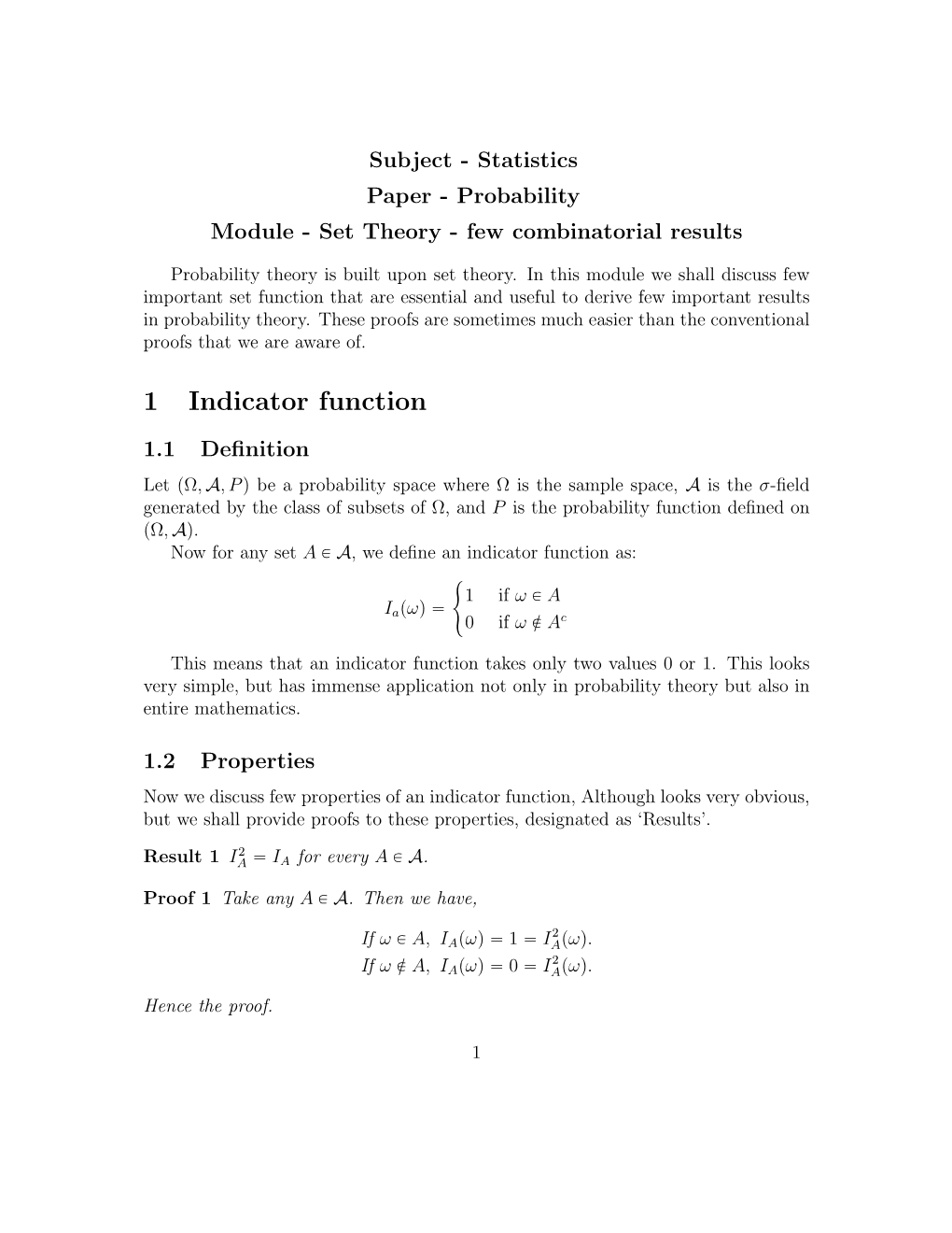 1 Indicator Function