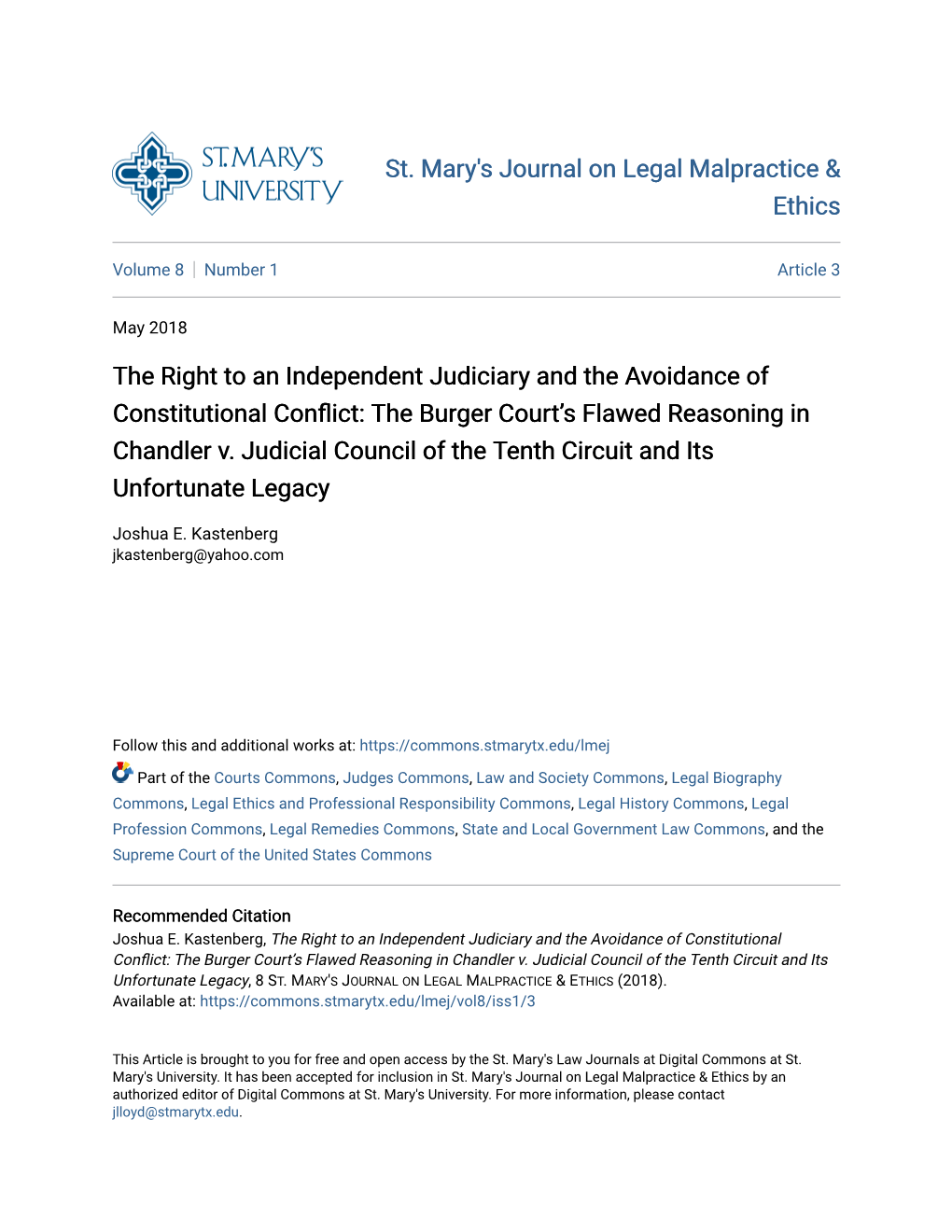 The Right to an Independent Judiciary and the Avoidance of Constitutional Conflict: the Burger Court’S Flawed Reasoning in Chandler V