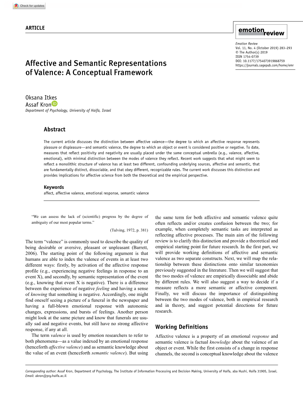 Affective and Semantic Representations of Valence 868759Research-Article2019