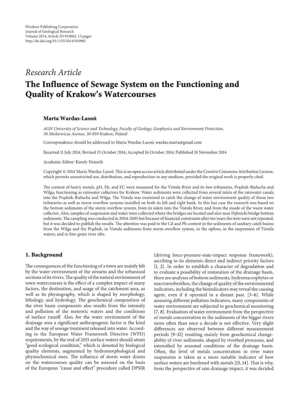 Research Article the Influence of Sewage System on the Functioning and Quality of Krakow’S Watercourses