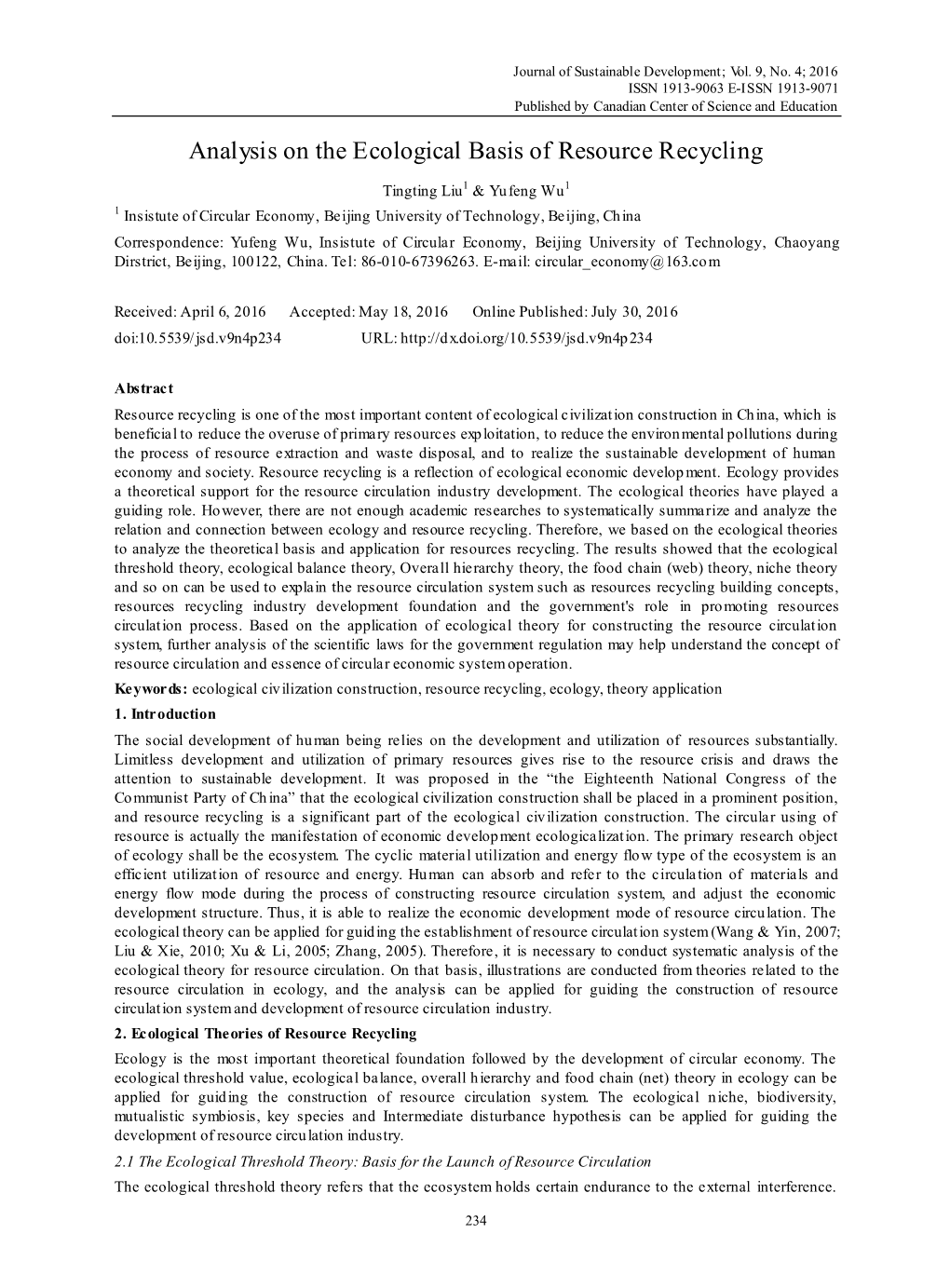 Analysis on the Ecological Basis of Resource Recycling