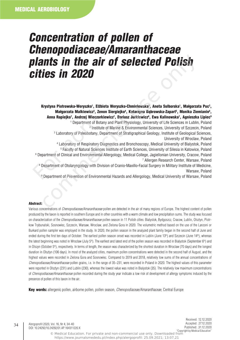 Concentration of Pollen of Chenopodiaceae/Amaranthaceae Plants in the Air of Selected Polish Cities in 2020