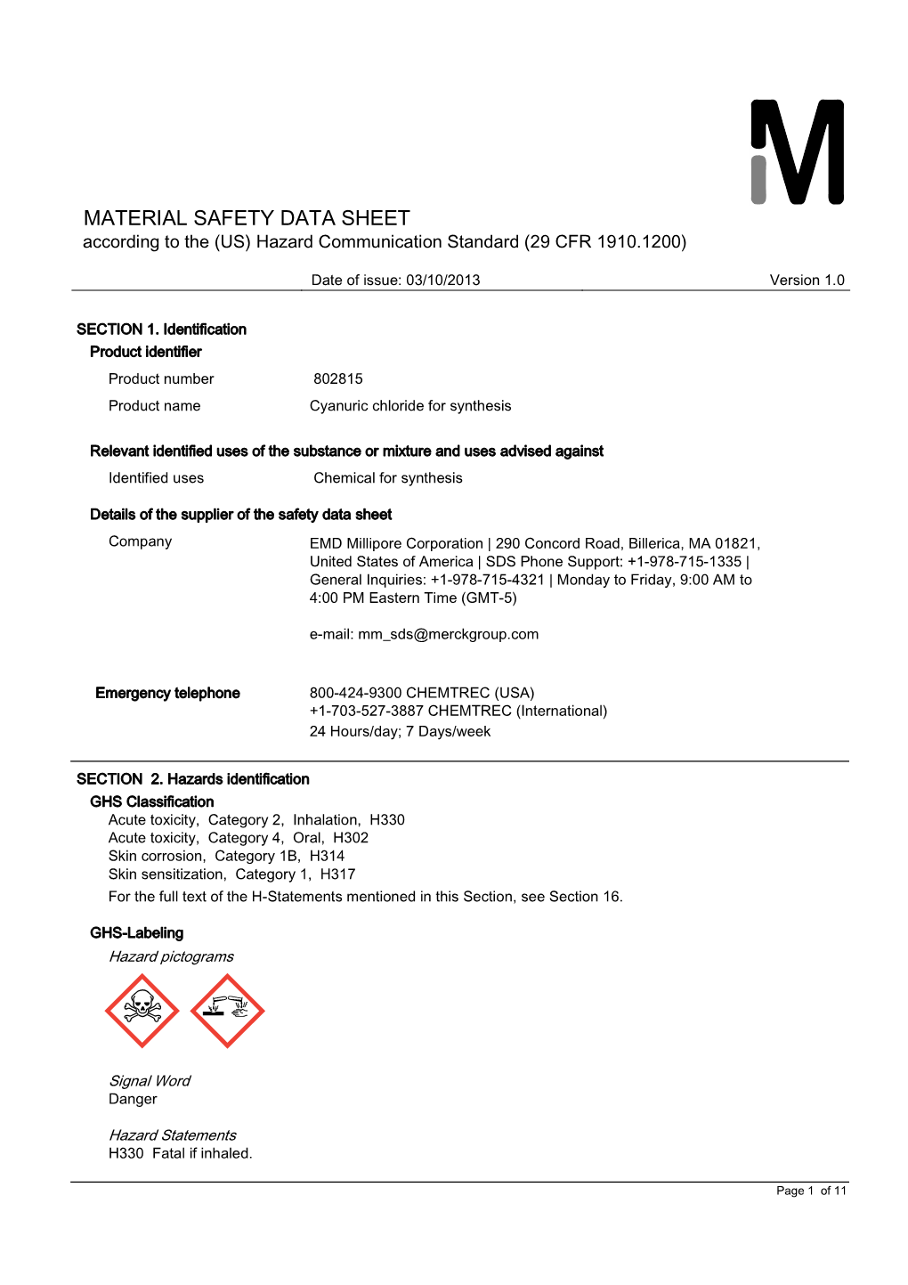 MATERIAL SAFETY DATA SHEET According to the (US) Hazard Communication Standard (29 CFR 1910.1200)