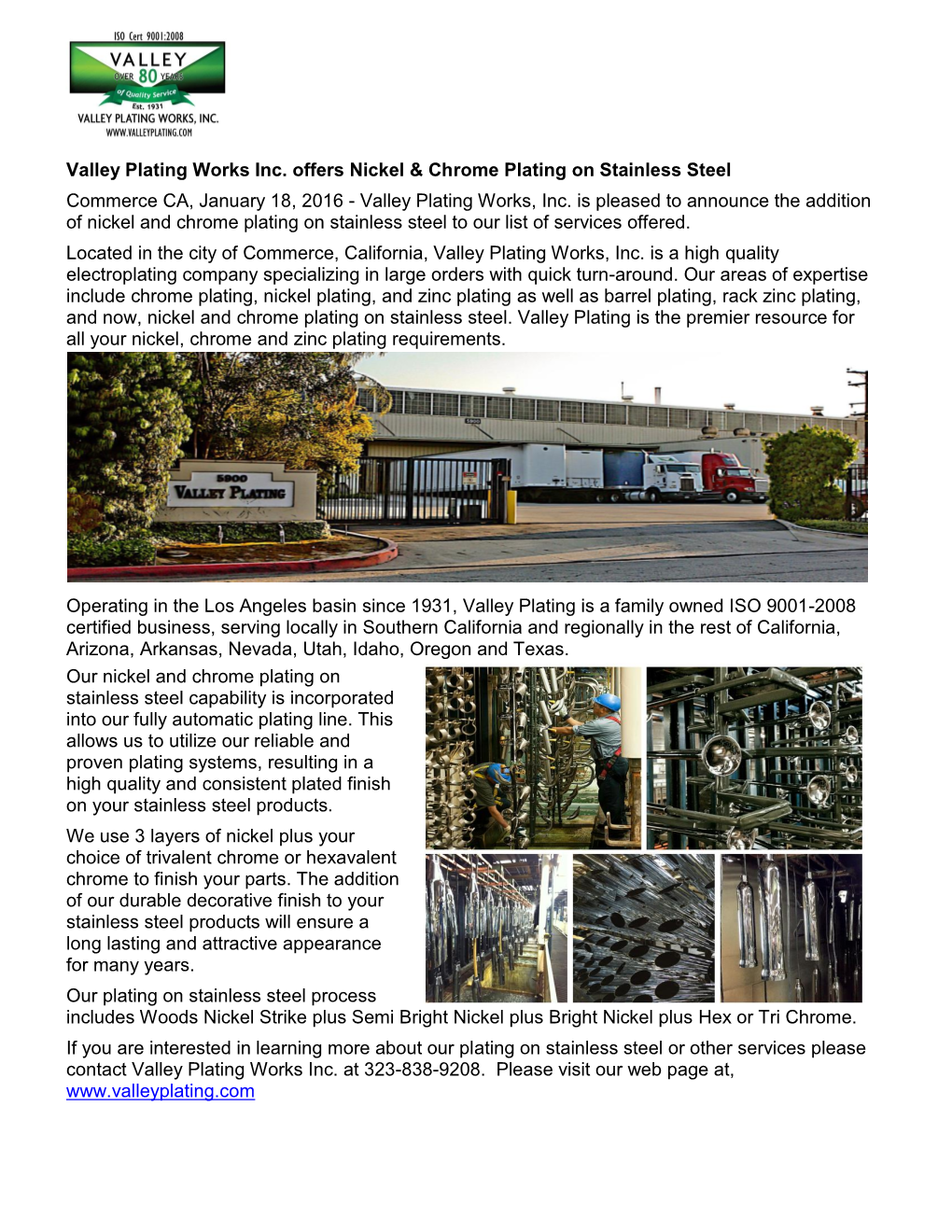 Valley Plating Works Inc. Offers Nickel & Chrome Plating on Stainless