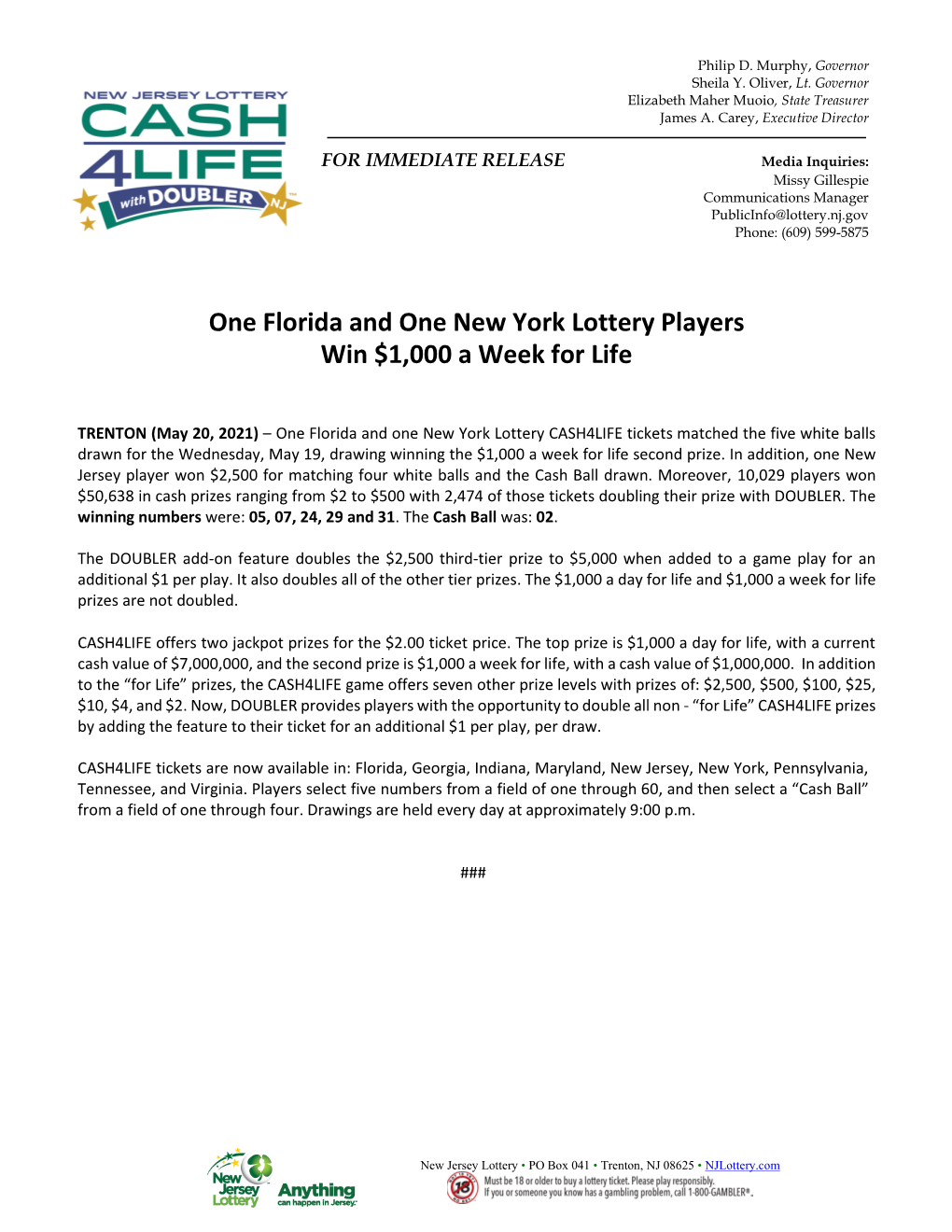 One Florida and One New York Lottery Players Win $1,000 a Week for Life