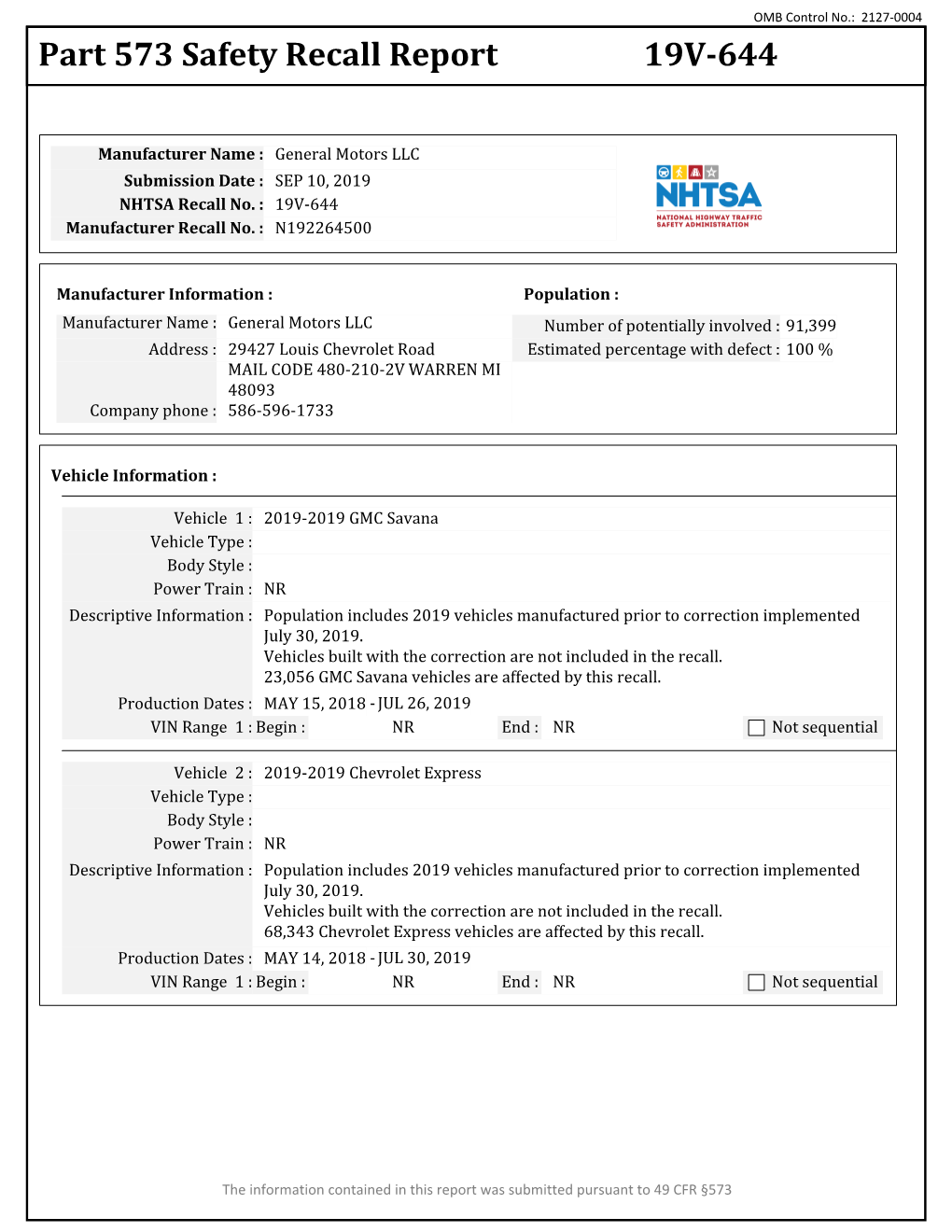 Part 573 Safety Recall Report 19V-644