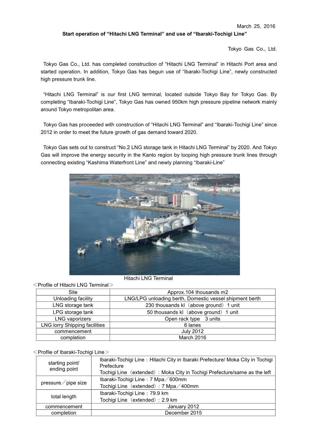 Operation of "Hitachi LNG Terminal" and Use of "Ibaraki-Tochigi Line"