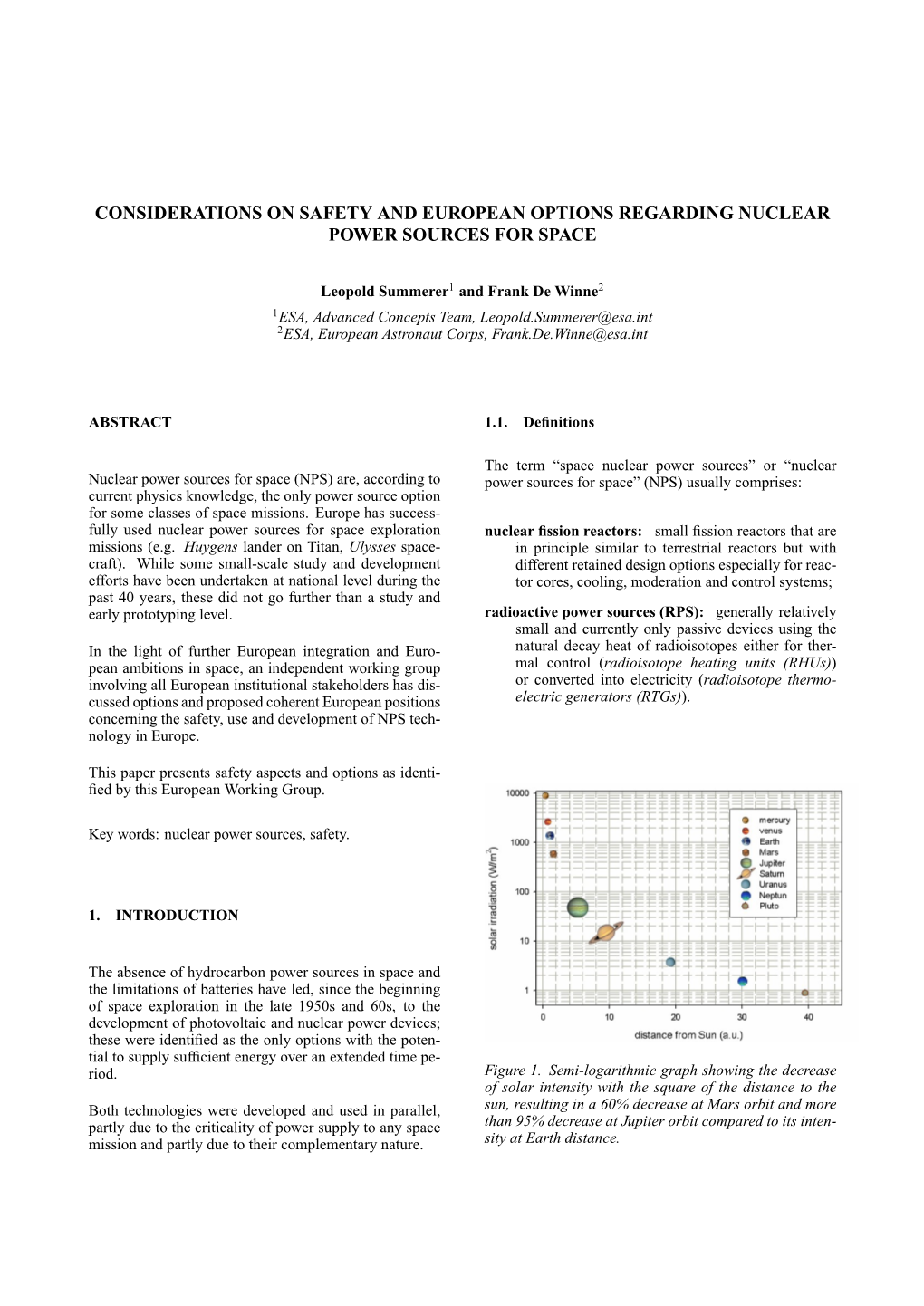 Considerations on Safety and European Options Regarding Nuclear Power Sources for Space