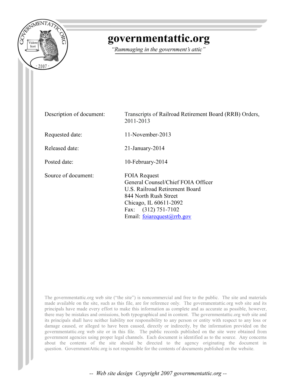 Transcripts of Railroad Retirement Board (RRB) Orders, 2011-2013
