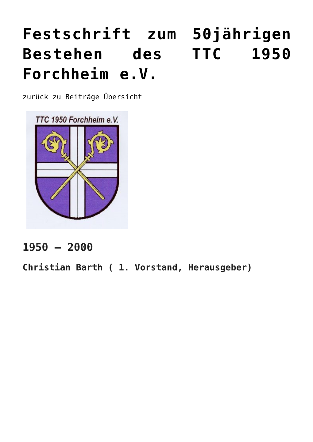 Festschrift Zum 50Jährigen Bestehen Des TTC 1950 Forchheim E.V. Zurück Zu Beiträge Übersicht