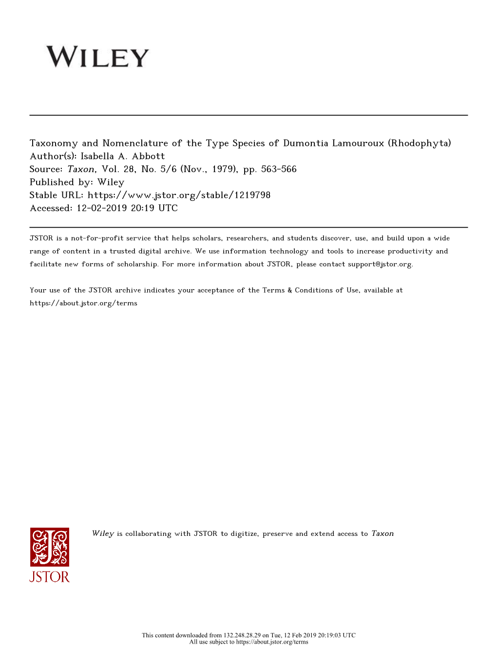 Taxonomy and Nomenclature of the Type Species of Dumontia Lamouroux (Rhodophyta) Author(S): Isabella A