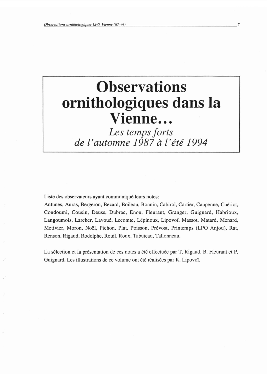Observations Ornithologiques Dans La Vienne... Les Temps Forts De L'automne 1987 À L'été 1994