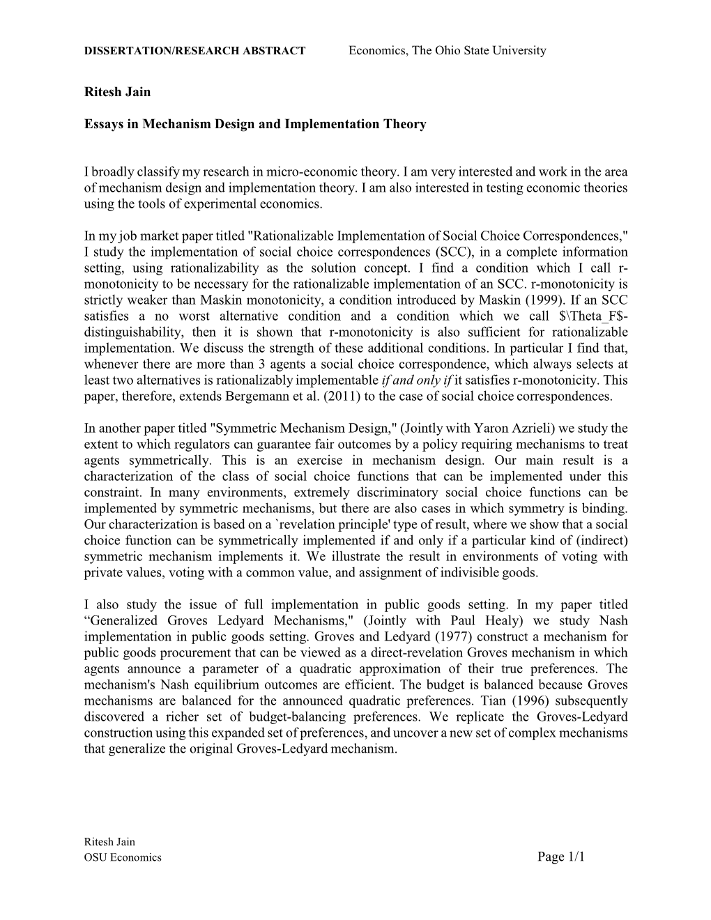 Ritesh Jain Essays in Mechanism Design and Implementation Theory