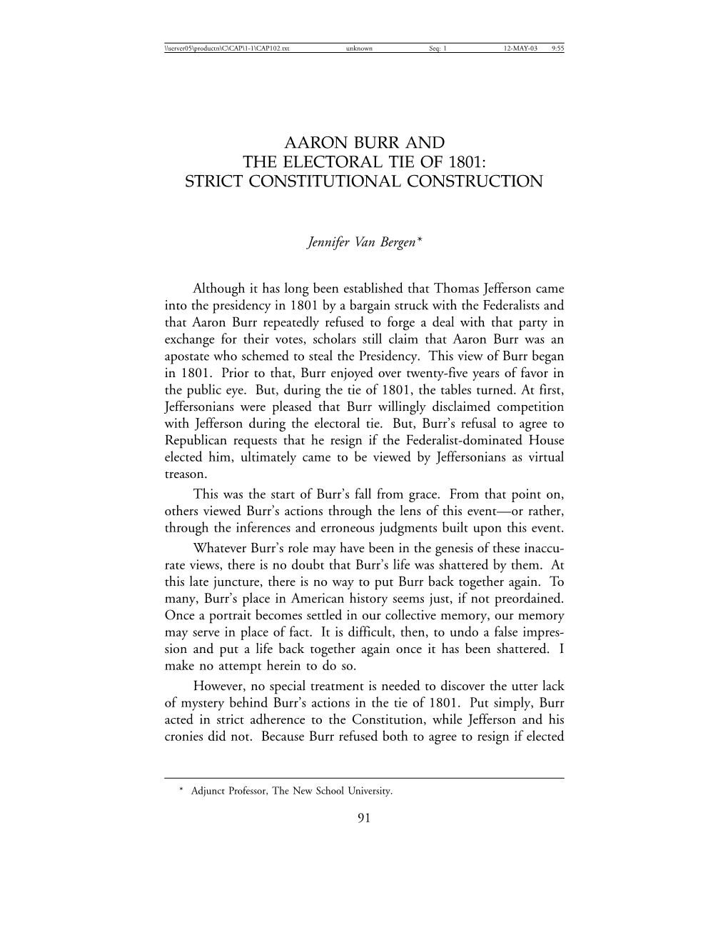 Aaron Burr and the Electoral Tie of 1801: Strict Constitutional Construction