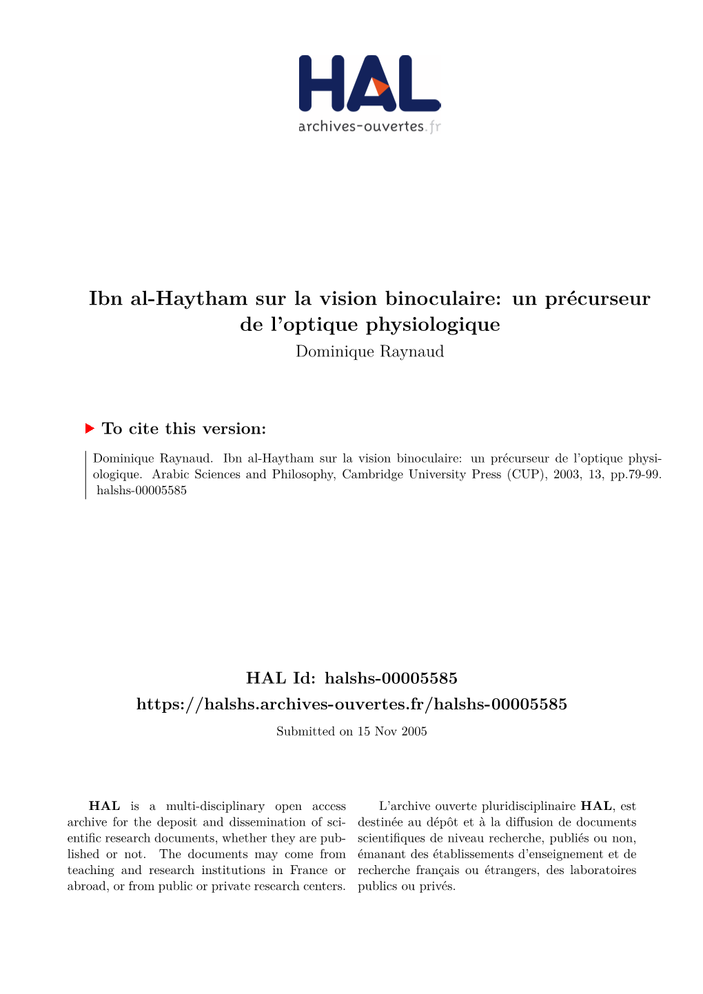 Ibn Al-Haytham Sur La Vision Binoculaire: Un Précurseur De L’Optique Physiologique Dominique Raynaud