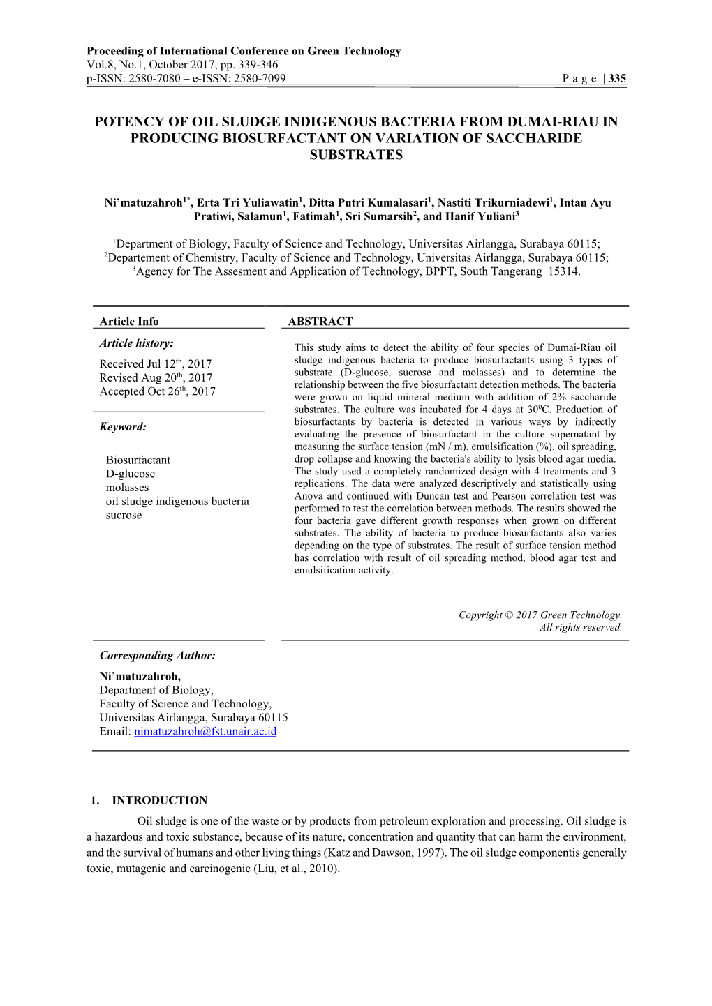 Potency of Oil Sludge Indigenous Bacteria from Dumai-Riau in Producing Biosurfactant on Variation of Saccharide Substrates