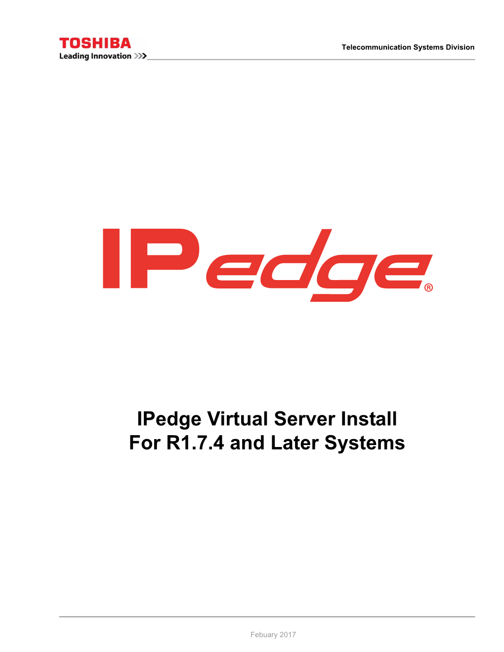 Ipedge Virtual Server Install for R1.7.4 and Later Systems Title Page