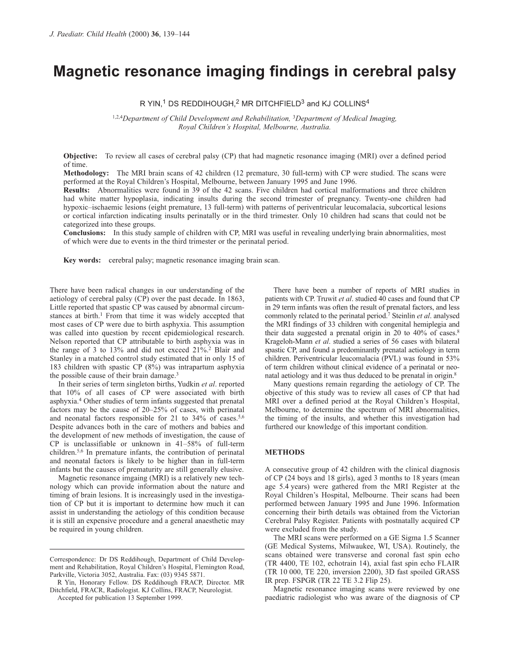 Magnetic Resonance Imaging Findings in Cerebral Palsy