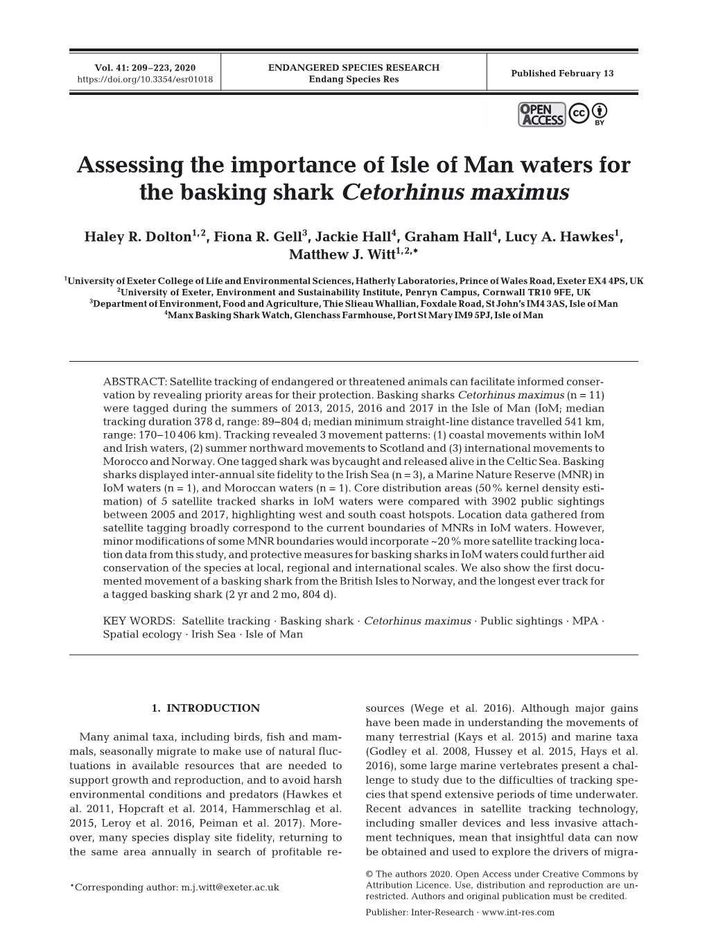 Assessing the Importance of Isle of Man Waters for the Basking Shark Cetorhinus Maximus