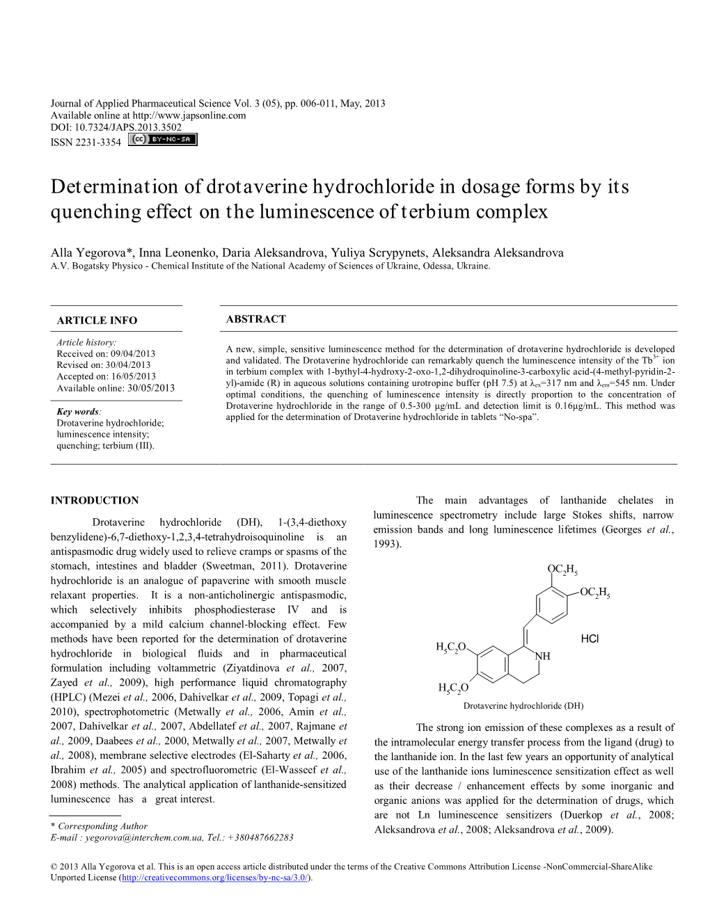 Determination of Drotaverine Hydrochloride in Dosage Forms by Its Quenching Effect on the Luminescence of Terbium Complex