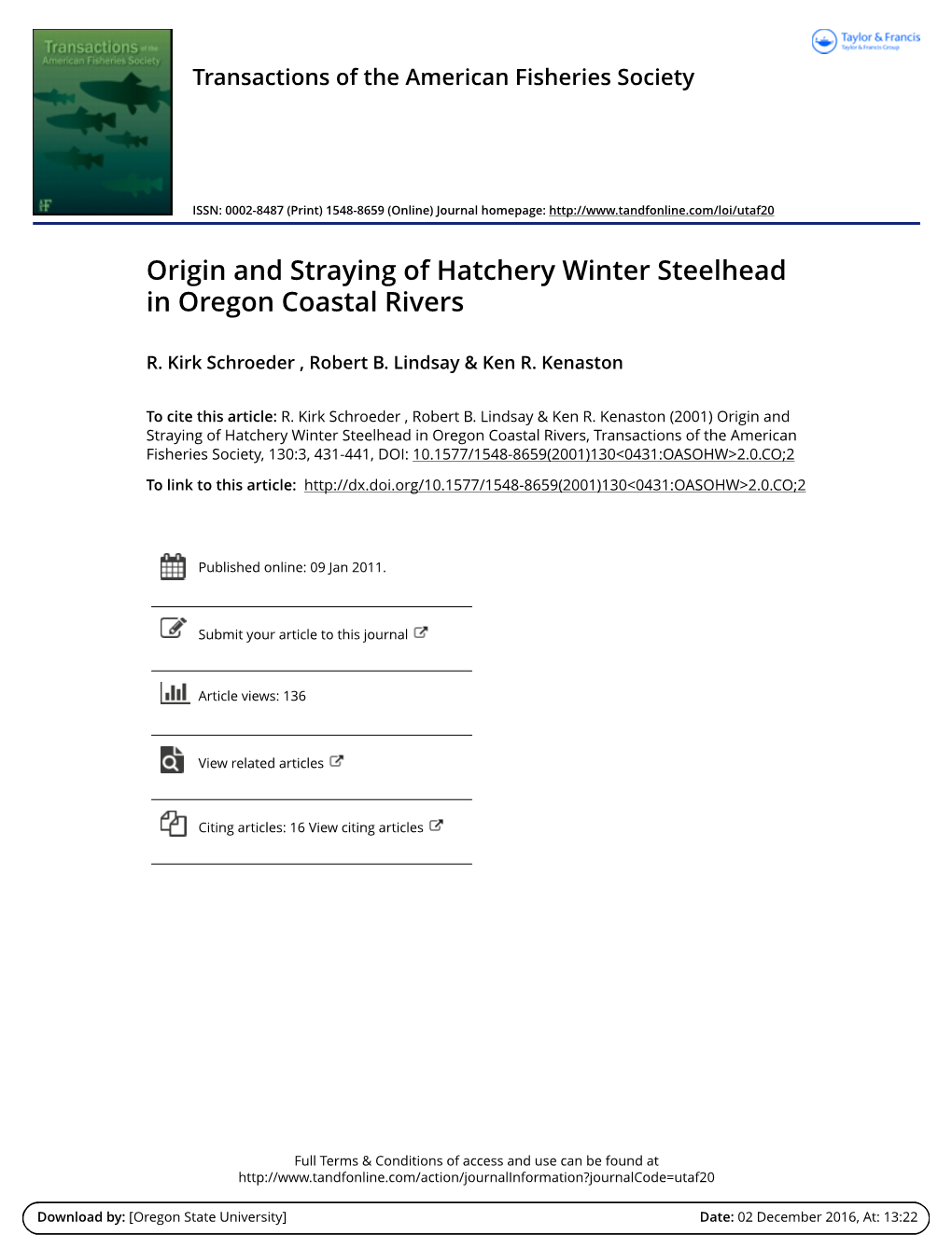 Origin and Straying of Hatchery Winter Steelhead in Oregon Coastal Rivers