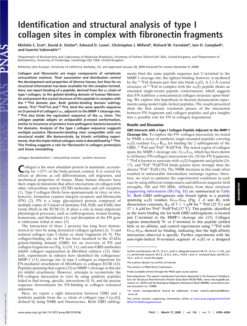 Identification and Structural Analysis of Type I Collagen Sites in Complex with Fibronectin Fragments