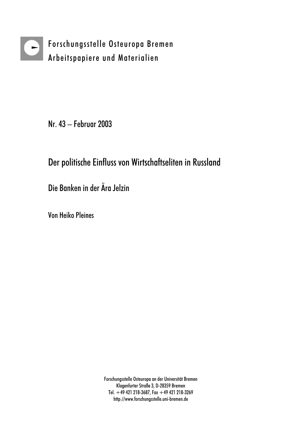 Der Politische Einfluss Von Wirtschaftseliten in Russland