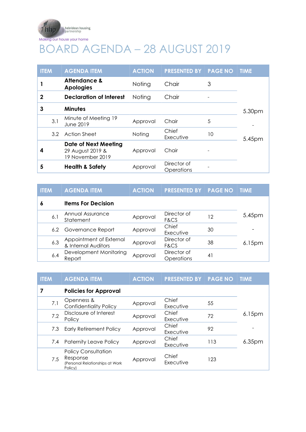 Board Agenda – 28 August 2019