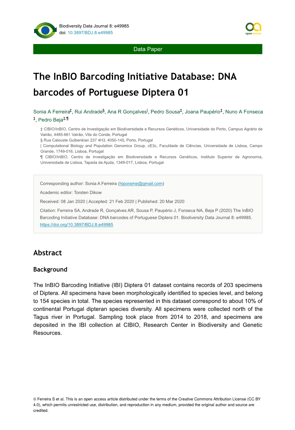 DNA Barcodes of Portuguese Diptera 01