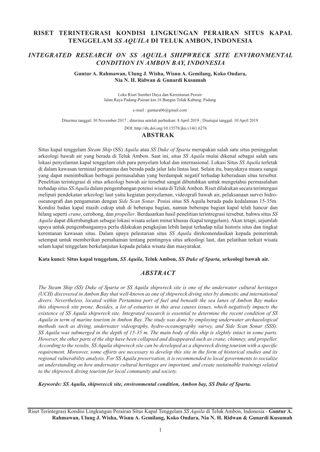 Riset Terintegrasi Kondisi Lingkungan Perairan Situs Kapal Tenggelam Ss Aquila Di Teluk Ambon, Indonesia