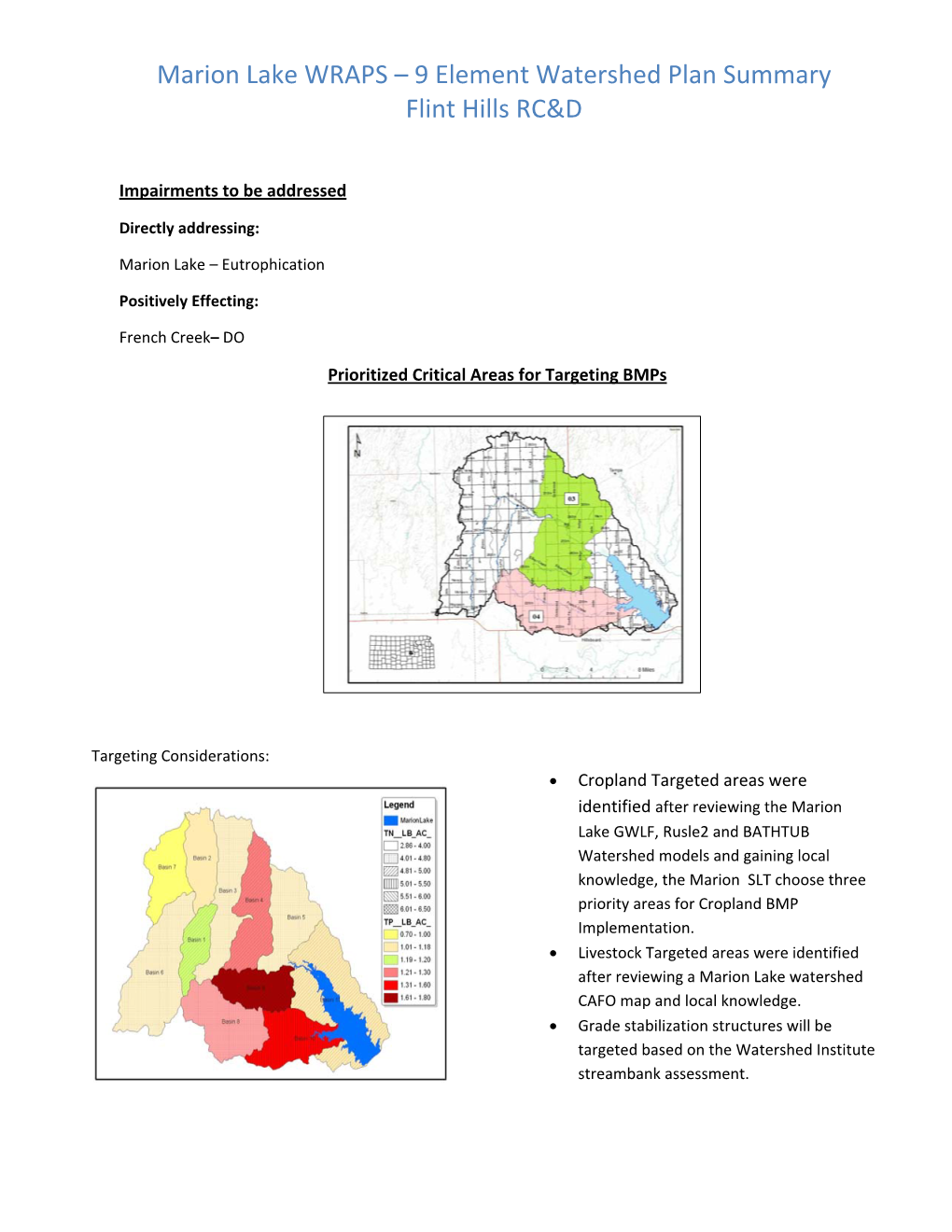 Marion Lake WRAPS – 9 Element Watershed Plan Summary Flint Hills RC&D