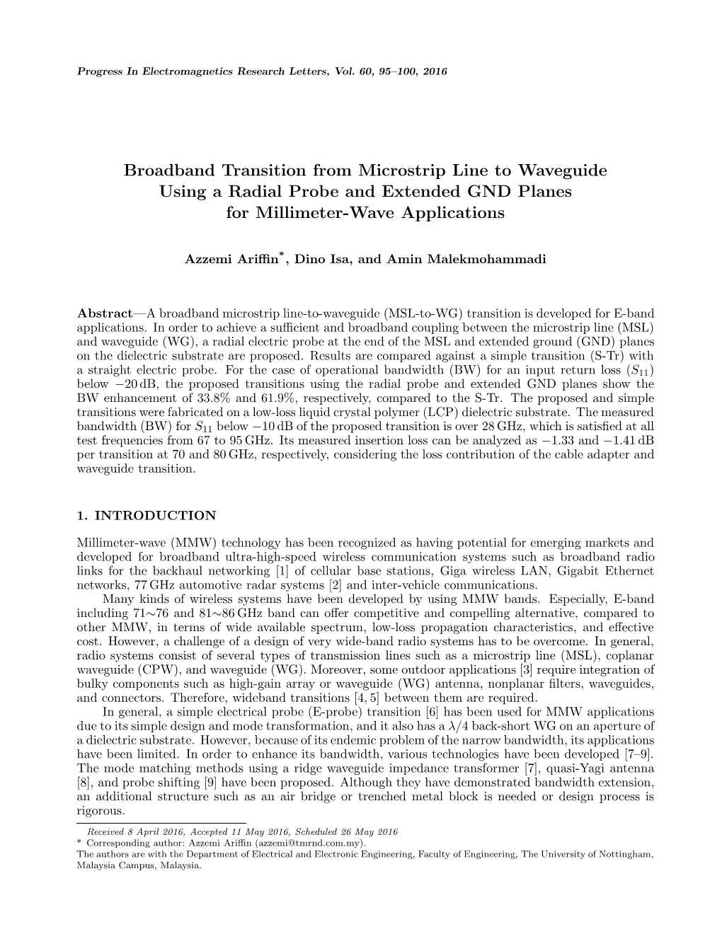 Broadband Transition from Microstrip Line to Waveguide Using a Radial Probe and Extended GND Planes for Millimeter-Wave Applications