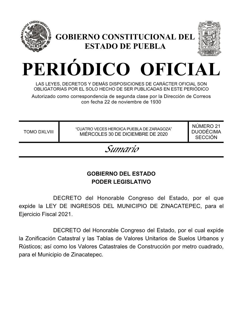 LEY DE INGRESOS DEL MUNICIPIO DE ZINACATEPEC, Para El Ejercicio Fiscal 2021