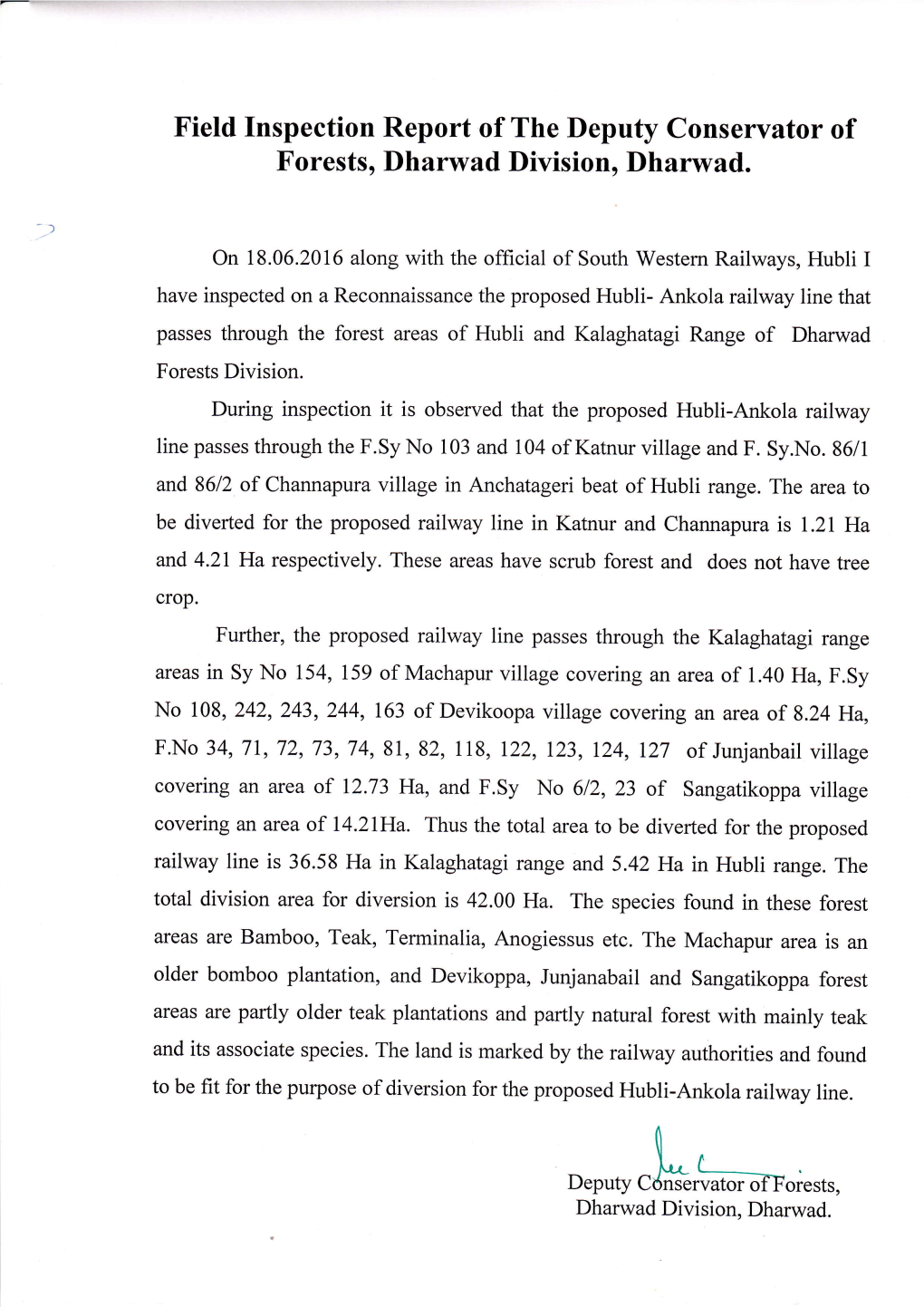 Field Inspection Report of the Deputy Conservator of Forests, Dharwad Division, Dharwad