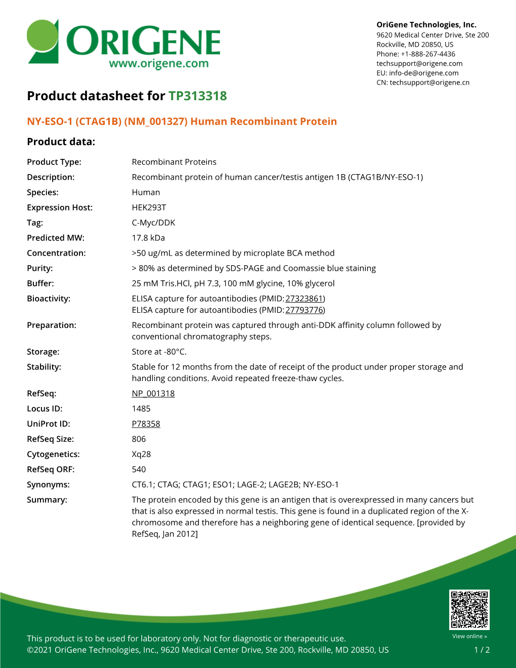 (CTAG1B) (NM 001327) Human Recombinant Protein Product Data
