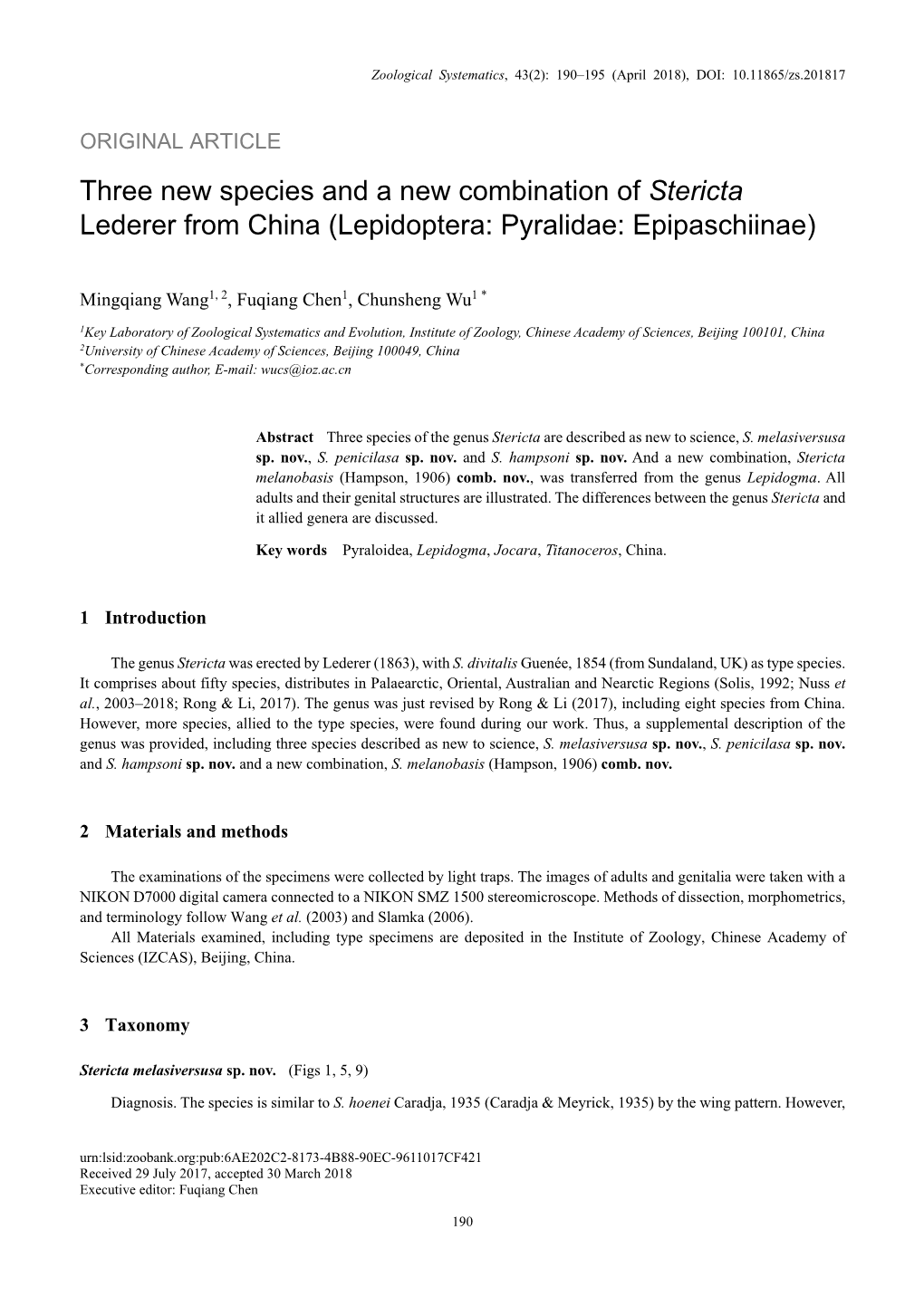 Three New Species and a New Combination of Stericta Lederer from China (Lepidoptera: Pyralidae: Epipaschiinae)