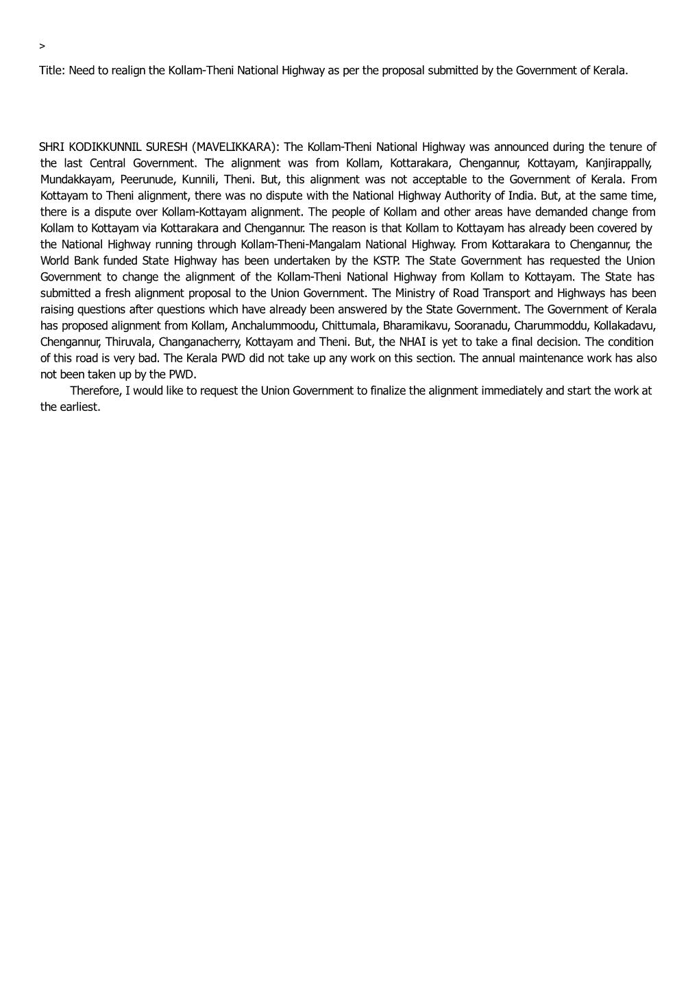 Need to Realign the Kollam-Theni National Highway As Per the Proposal Submitted by the Government of Kerala