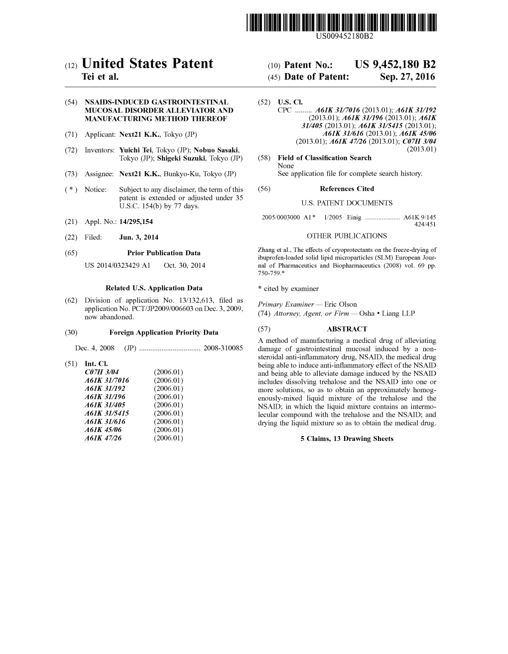 (12) United States Patent (10) Patent No.: US 9,452,180 B2 Tei Et Al