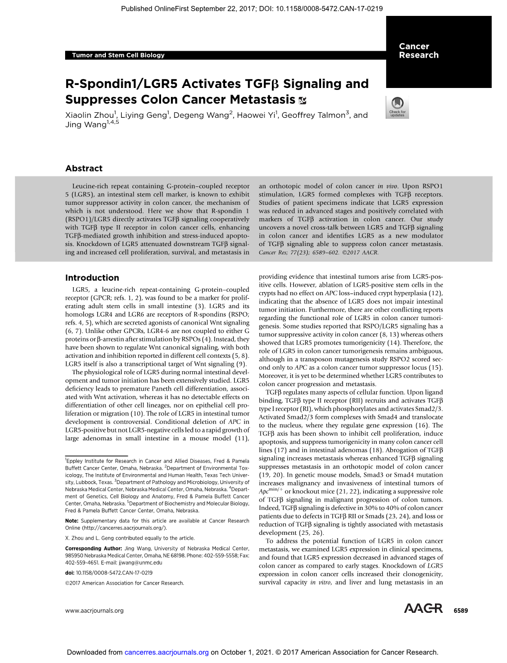 R-Spondin1/LGR5 Activates Tgfb Signaling and Suppresses Colon