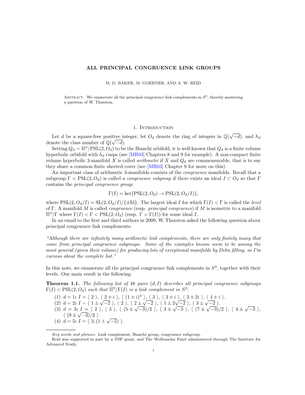 ALL PRINCIPAL CONGRUENCE LINK GROUPS 1. Introduction Let D Be a Square-Free Positive Integer, Let O D Denote the Ring of Integer