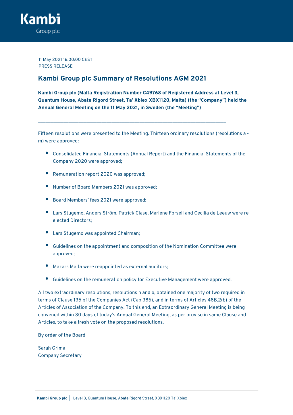 Kambi Group Plc Summary of Resolutions AGM 2021