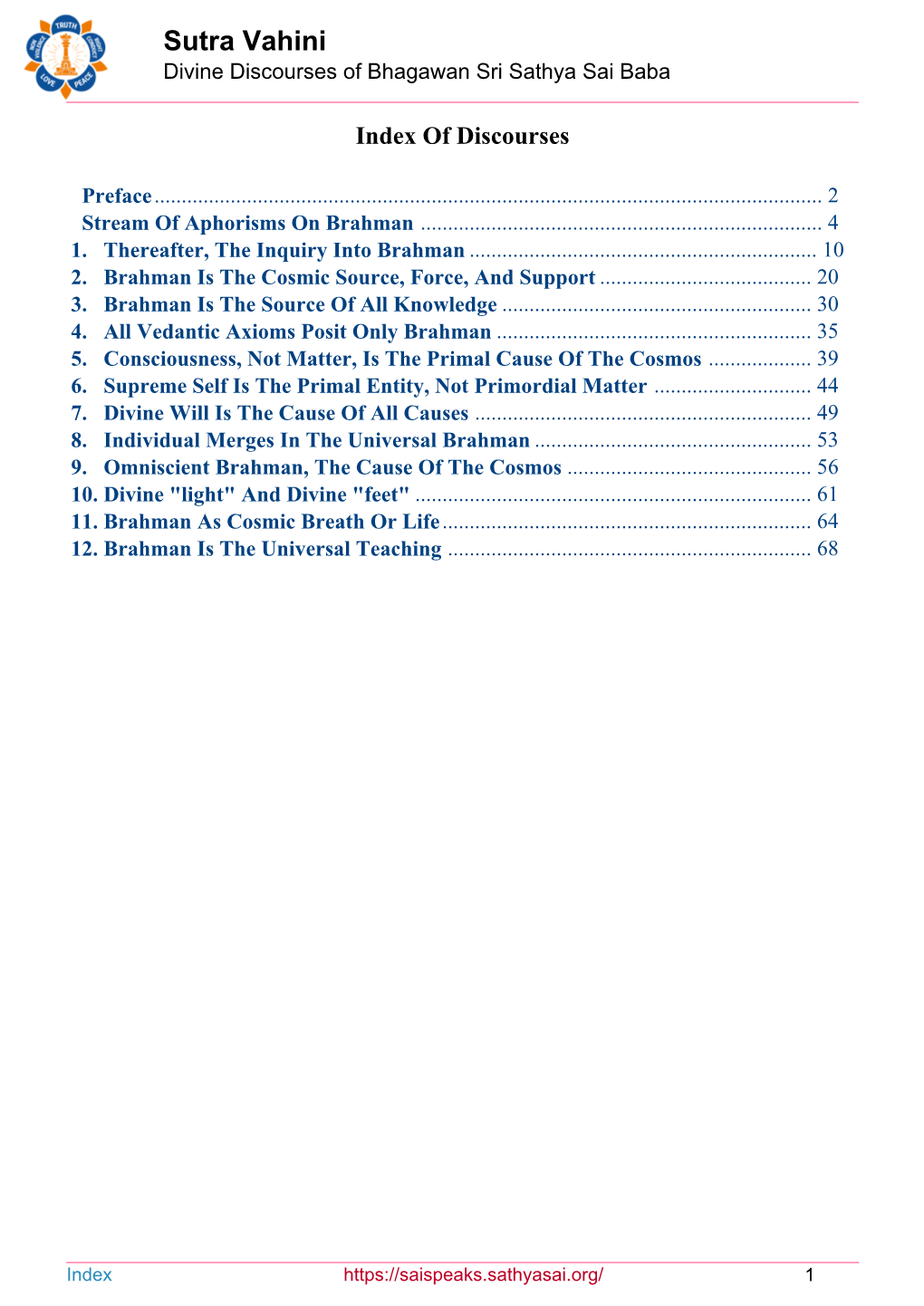 Sutra Vahini Divine Discourses of Bhagawan Sri Sathya Sai Baba