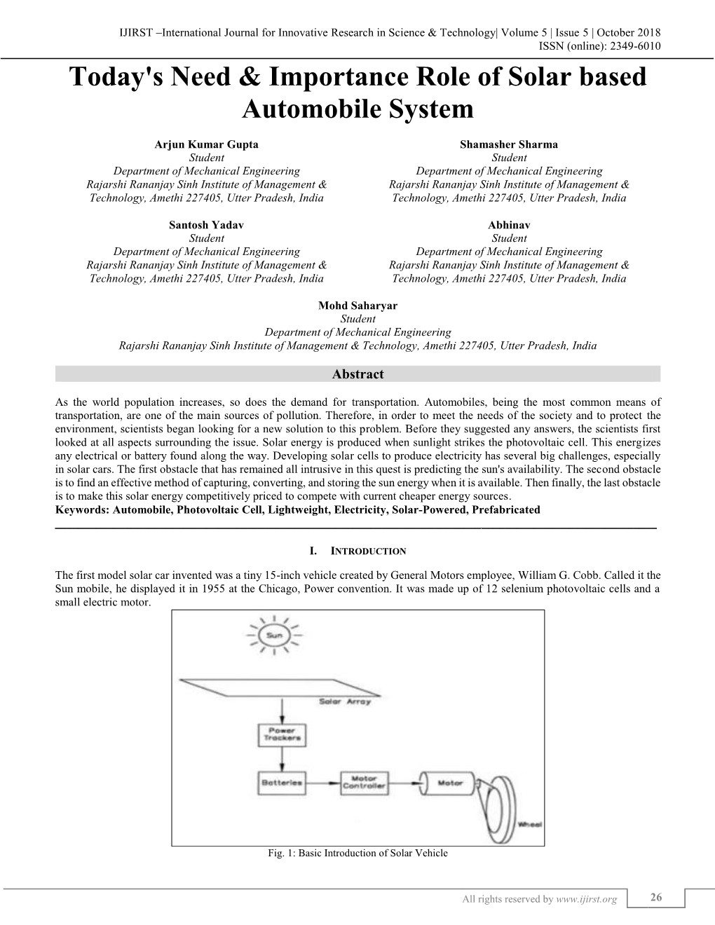 Today's Need & Importance Role of Solar Based Automobile System