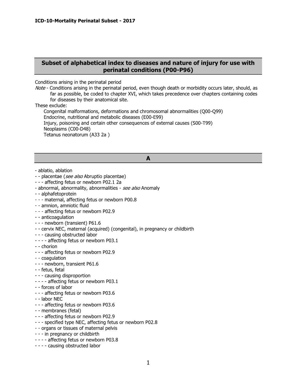 ICD-10-Mortality Perinatal Subset - 2017