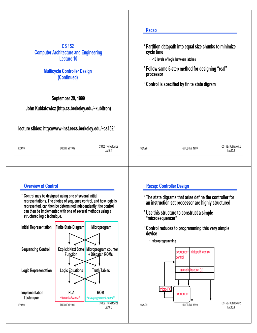 CS 152 Computer Architecture and Engineering Lecture 10 Multicycle Controller Design