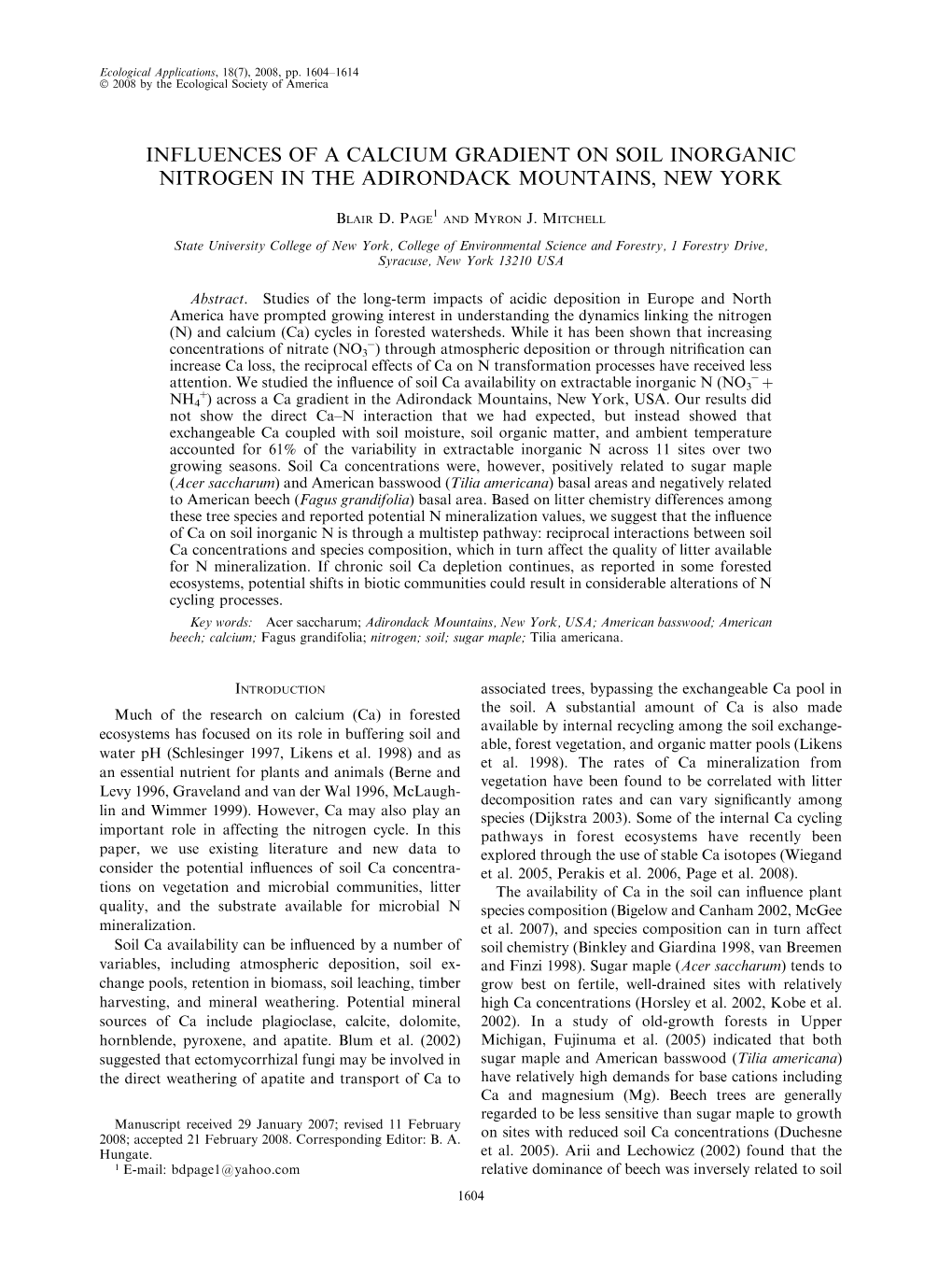 Influences of a Calcium Gradient on Soil Inorganic Nitrogen in the Adirondack Mountains, New York