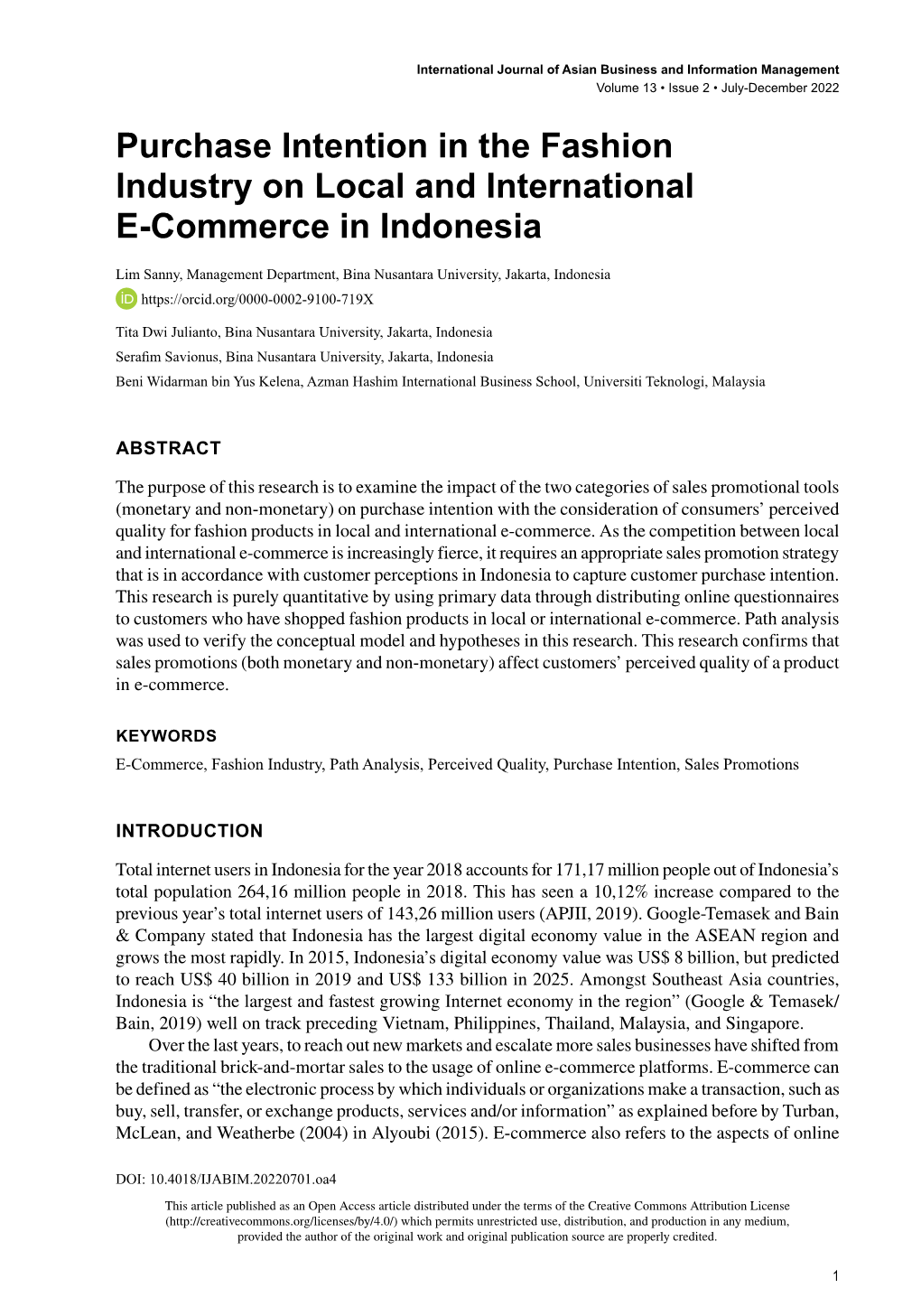 Purchase Intention in the Fashion Industry on Local and International E-Commerce in Indonesia