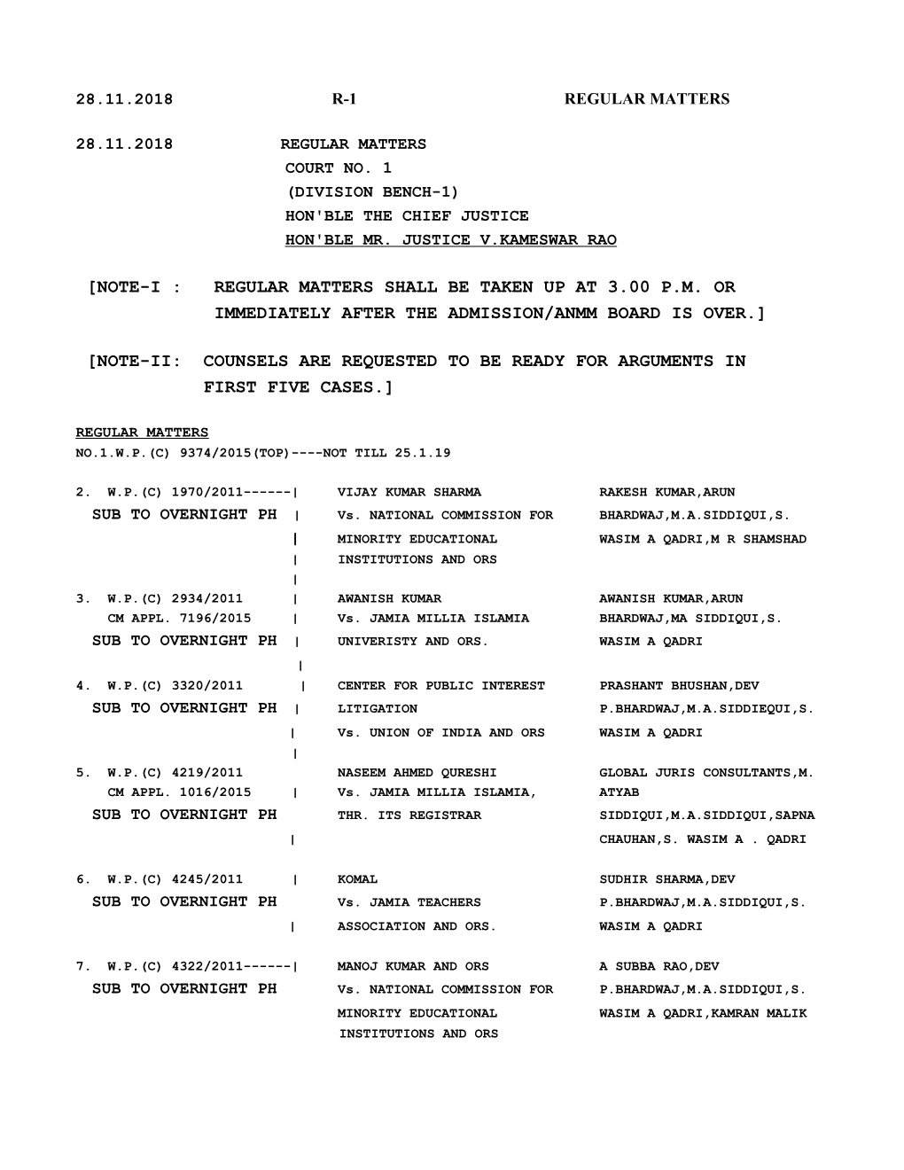 Note-Ii: Counsels Are Requested to Be Ready for Arguments in First Five Cases.]