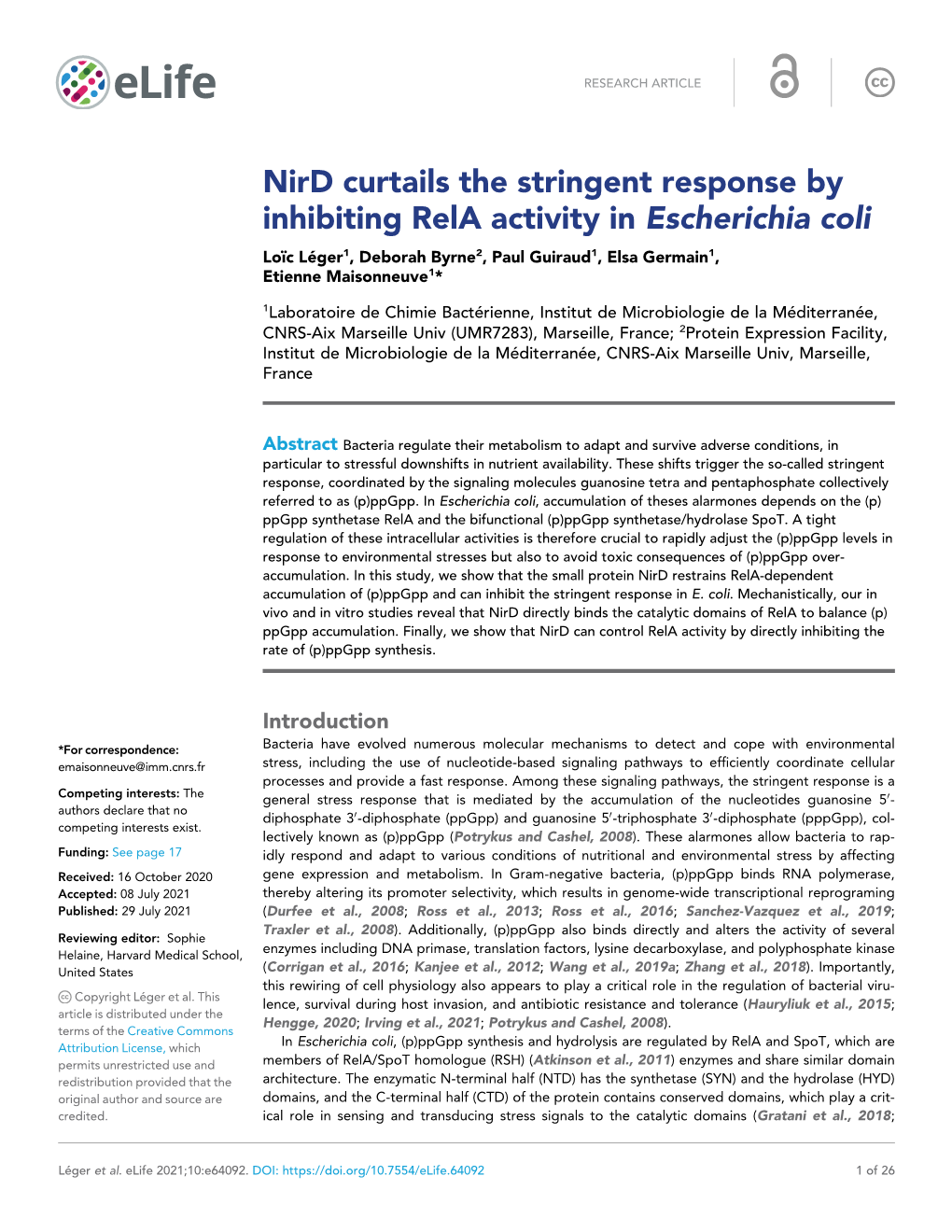 Nird Curtails the Stringent Response by Inhibiting Rela Activity In