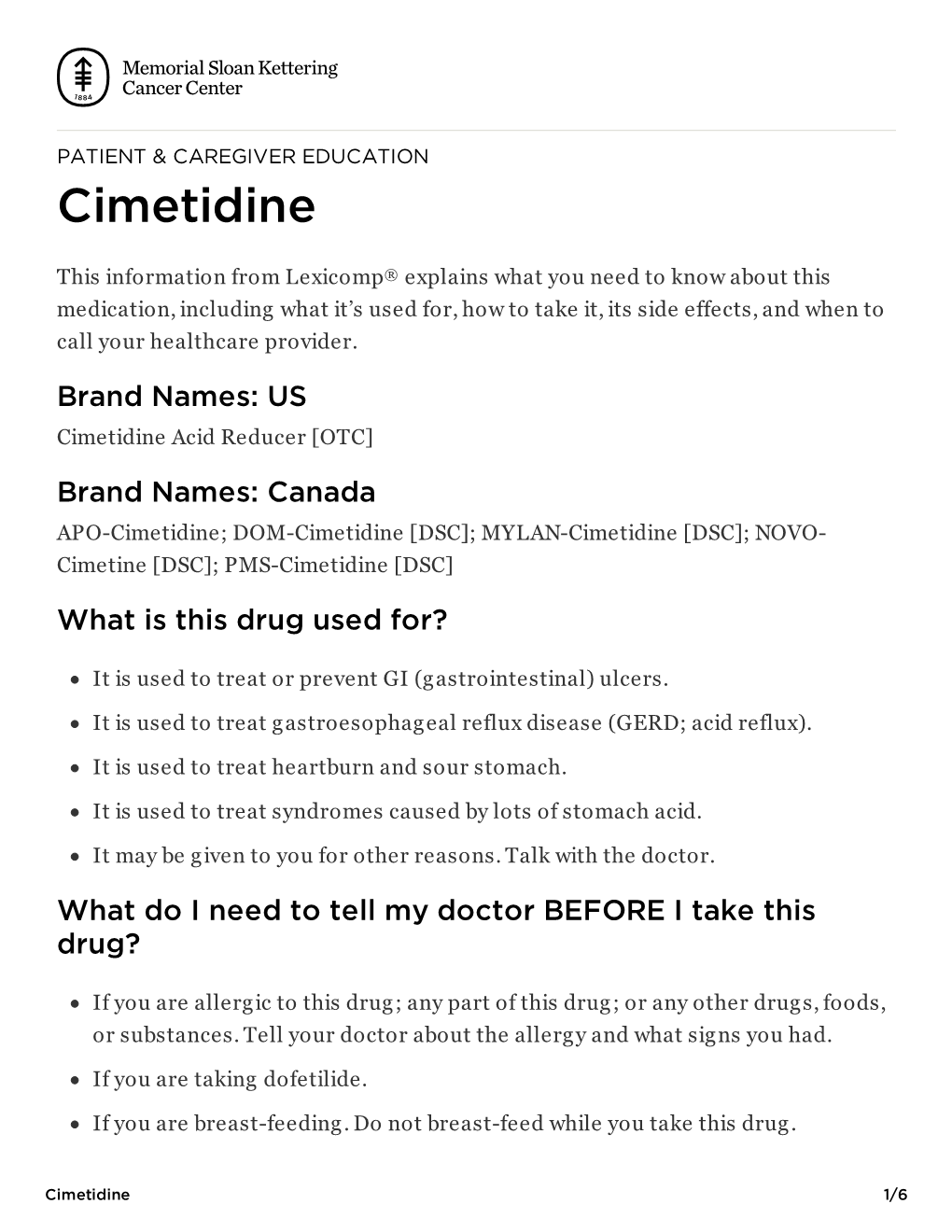 Cimetidine | Memorial Sloan Kettering Cancer Center